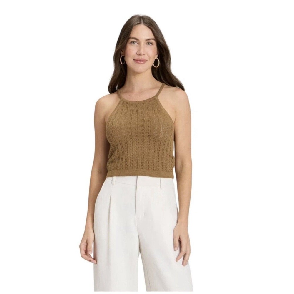 A New Day Women's Small Brown Pointelle Knit Halter Boho Layering Tank Top